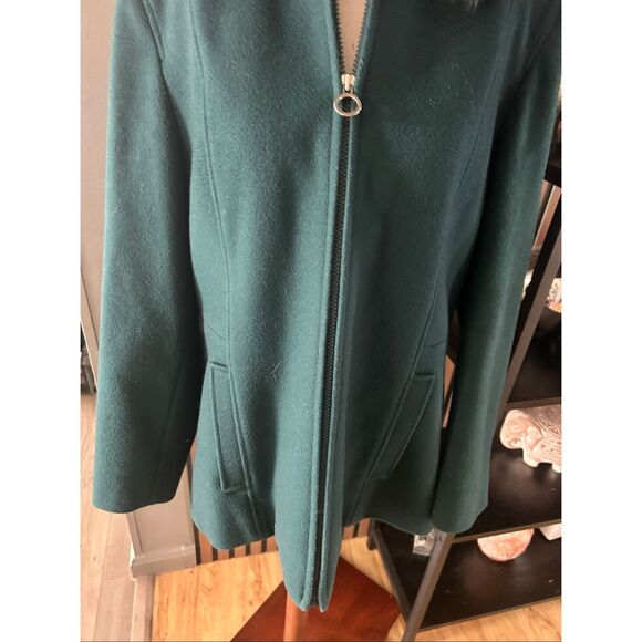 Anne Klein deep green wool coat with fox fur hood 100% wool & real fox fur sz L - Picture 2 of 9